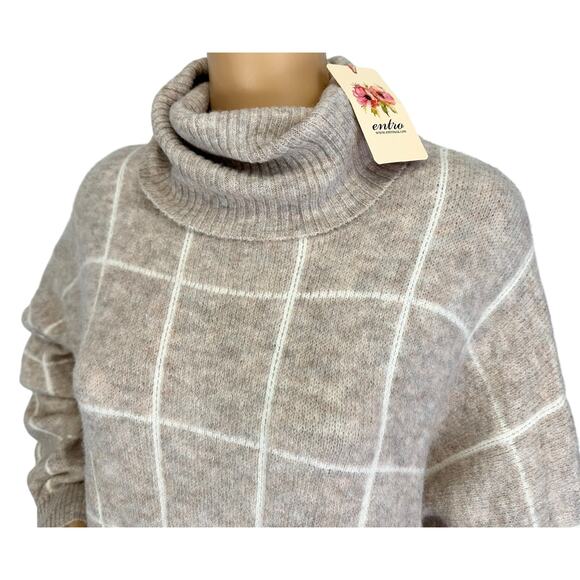 NWT Entro Window Pane Cowl Neck Sweater Beige Cozy Plus Size 1X - Picture 6 of 10